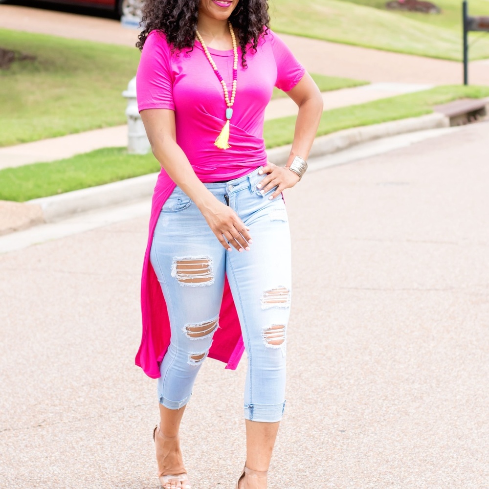 Hot Pink Front Slit Twist Front Maxi Tunic